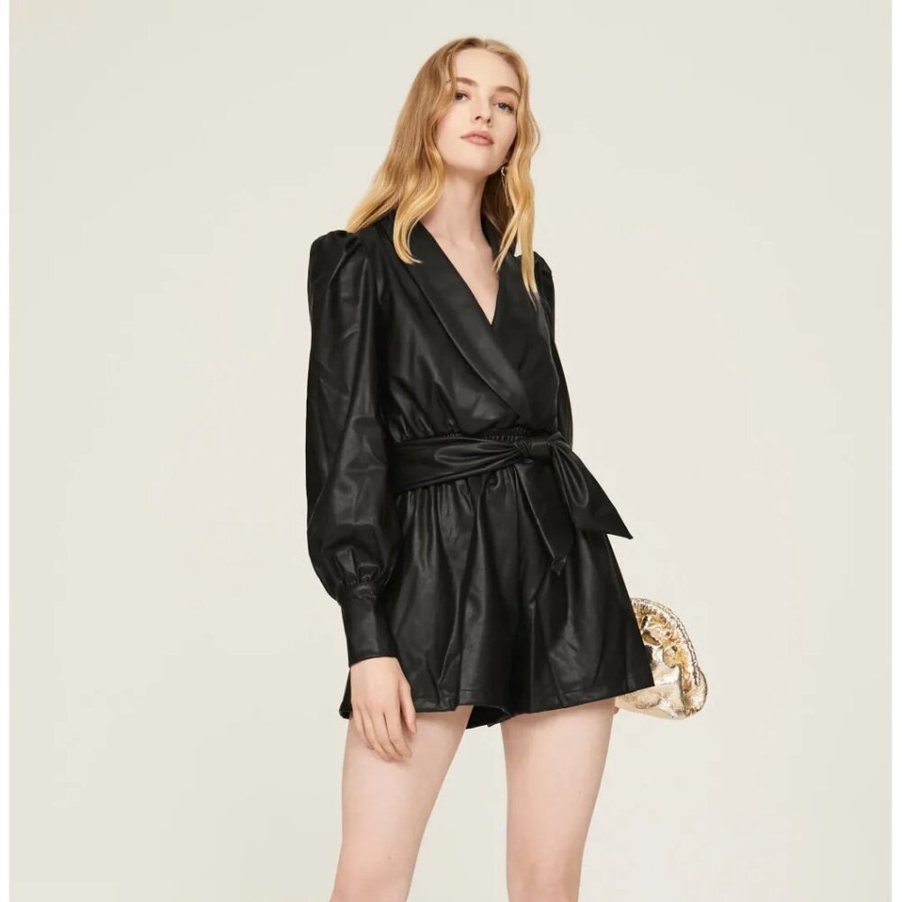 Area Stars Faux Leather Romper Black Tie Waist Long Sleeve XS